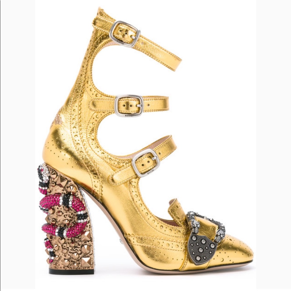 GUCCI BROGUE QUEERCORE CRYSTAL SNAKE HEEL GOLD PUMPS